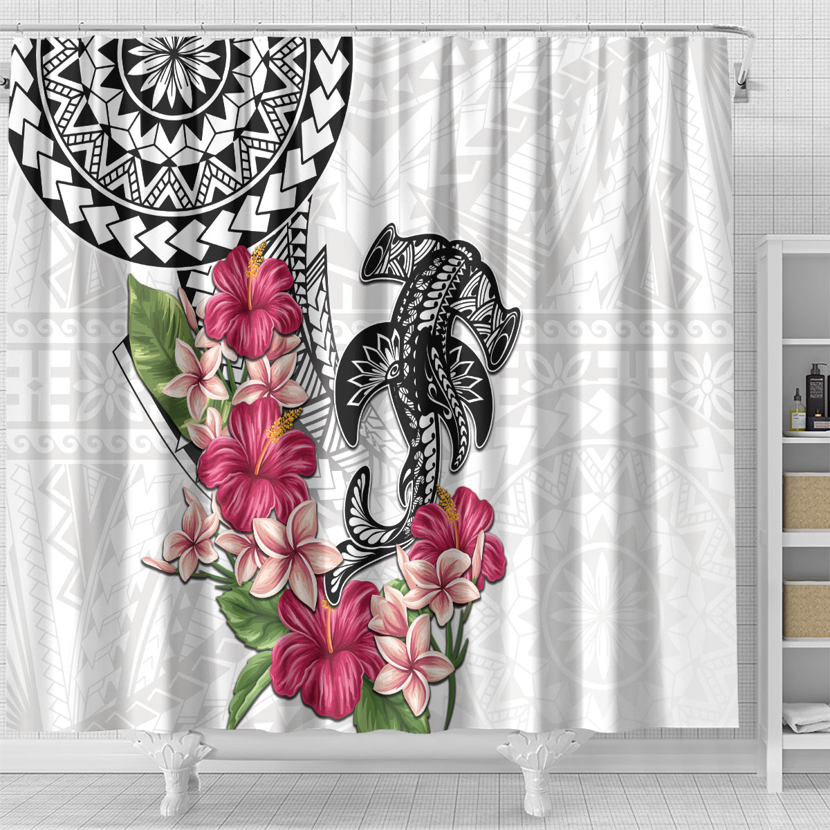 White Polynesian Hammerhead Shark Tribal Pattern Shower Curtain LT05 - Polynesian Pride