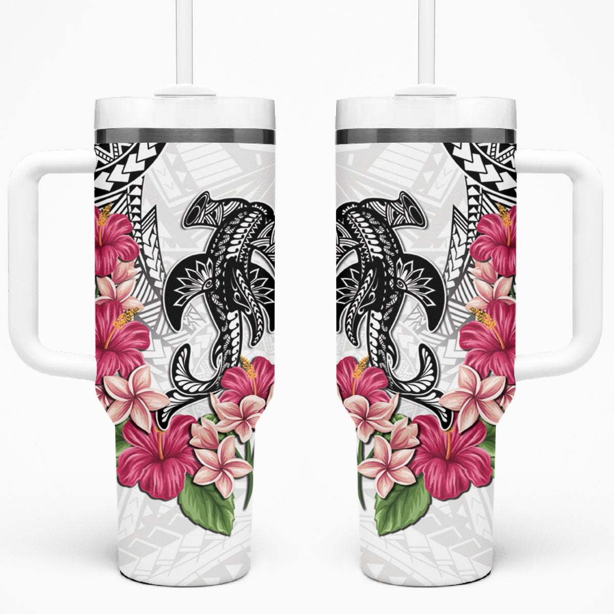 White Polynesian Hammerhead Shark Tribal Pattern Tumbler With Handle LT05 One Size: 40 oz White - Polynesian Pride