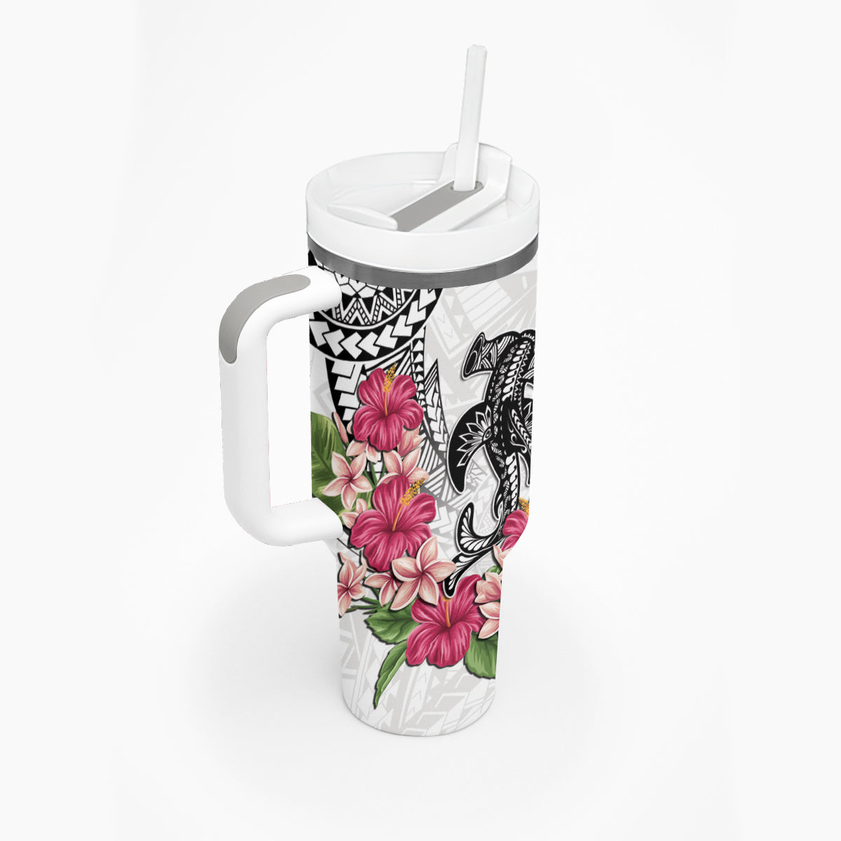 White Polynesian Hammerhead Shark Tribal Pattern Tumbler With Handle LT05 - Polynesian Pride