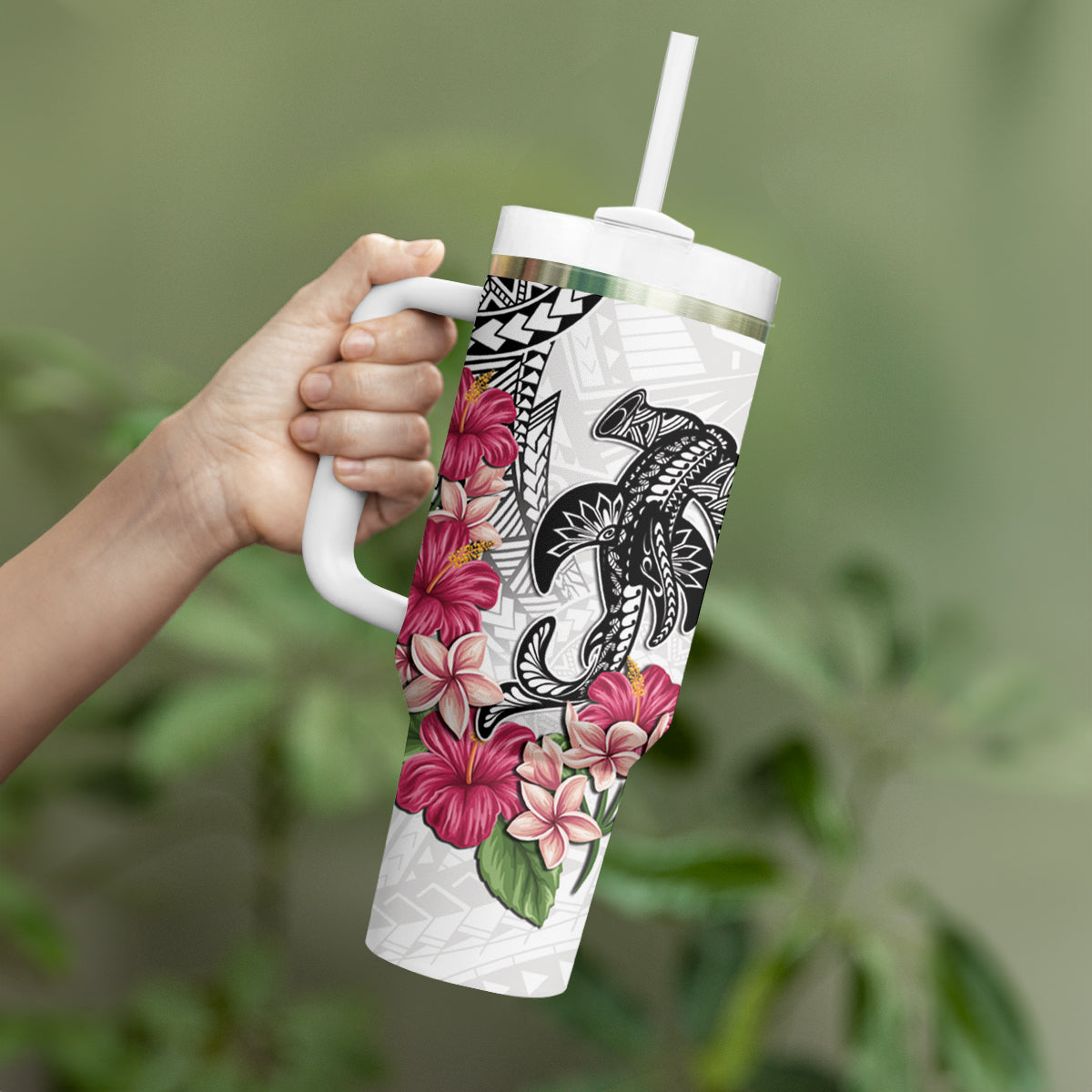 White Polynesian Hammerhead Shark Tribal Pattern Tumbler With Handle LT05 - Polynesian Pride