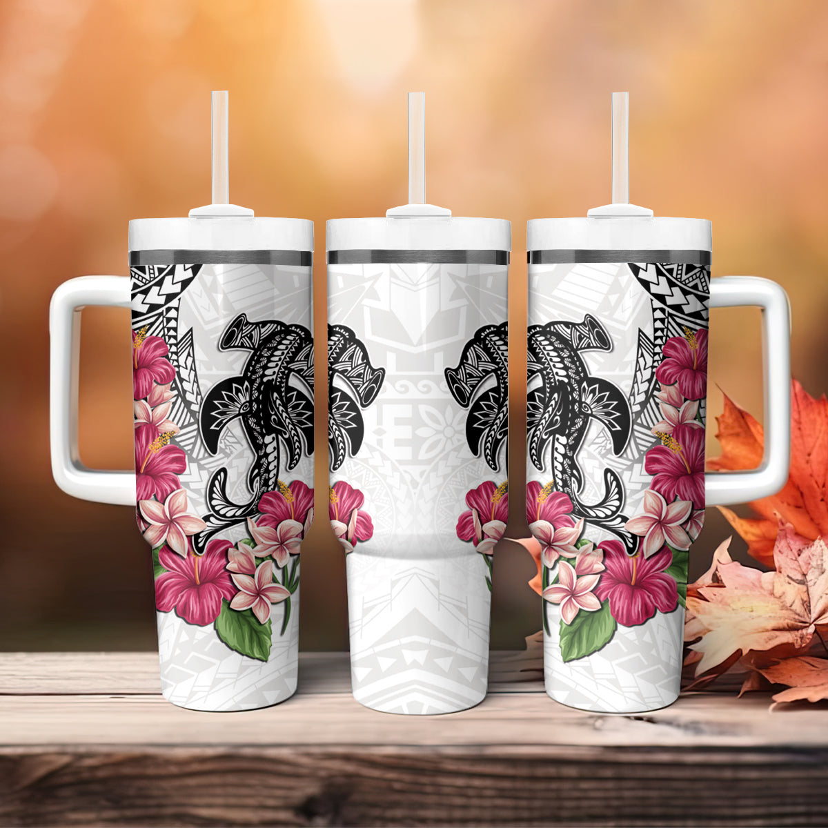 White Polynesian Hammerhead Shark Tribal Pattern Tumbler With Handle LT05 - Polynesian Pride