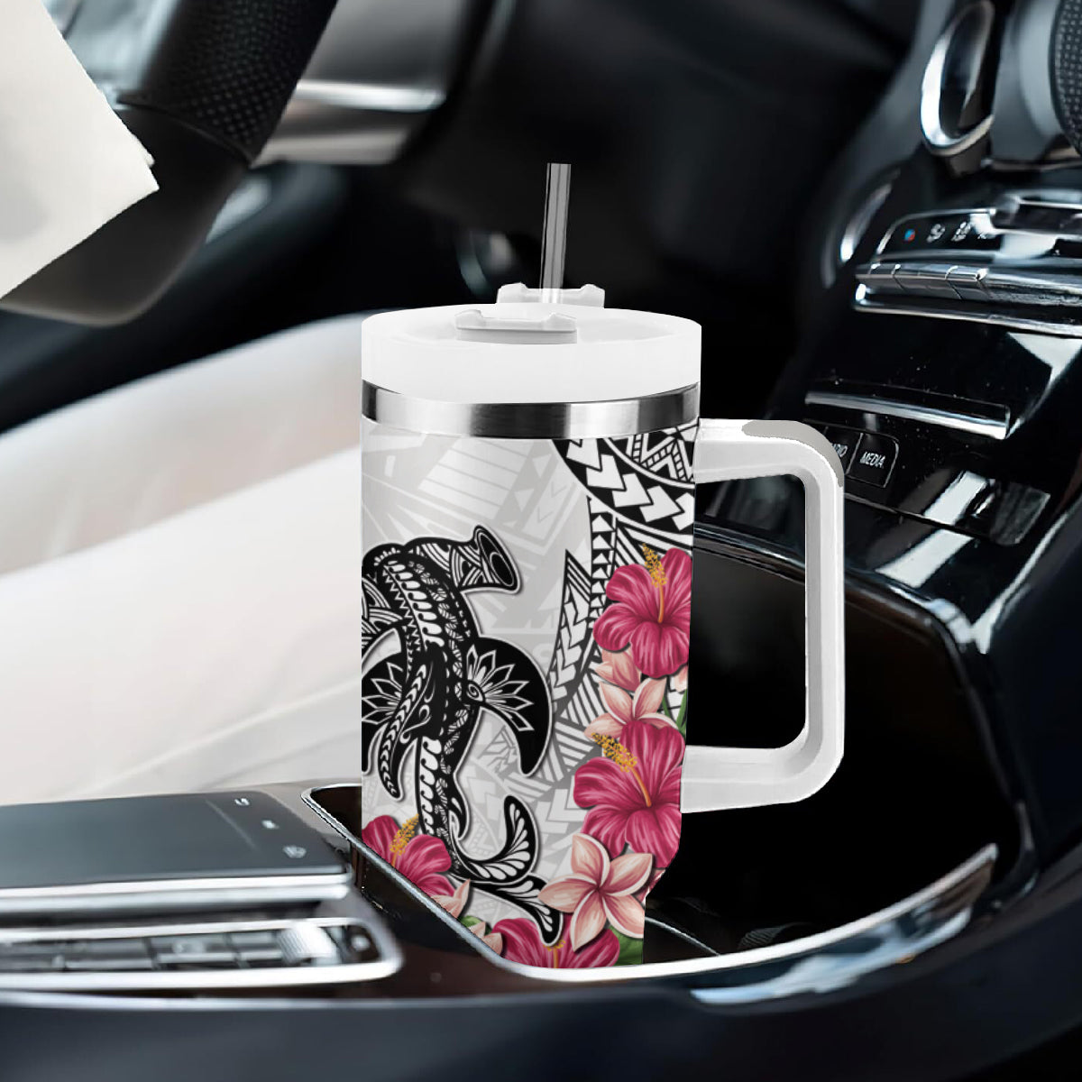 White Polynesian Hammerhead Shark Tribal Pattern Tumbler With Handle LT05 - Polynesian Pride