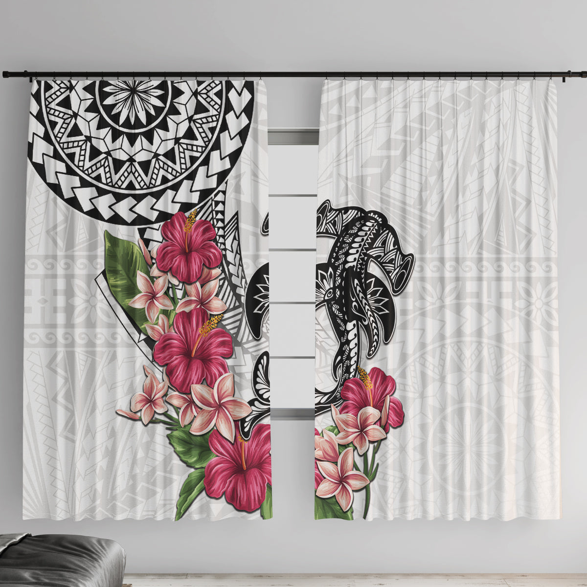 White Polynesian Hammerhead Shark Tribal Pattern Window Curtain LT05 With Hooks White - Polynesian Pride