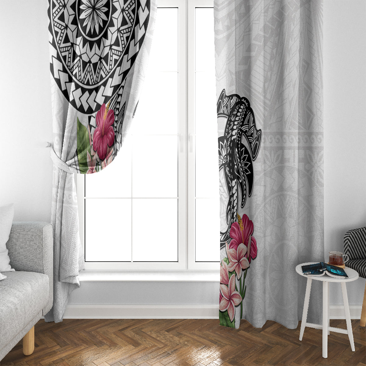 White Polynesian Hammerhead Shark Tribal Pattern Window Curtain LT05 - Polynesian Pride