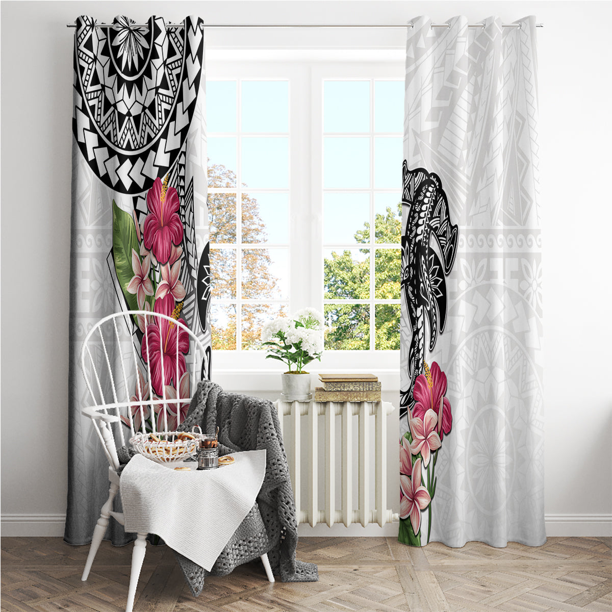 White Polynesian Hammerhead Shark Tribal Pattern Window Curtain LT05 - Polynesian Pride