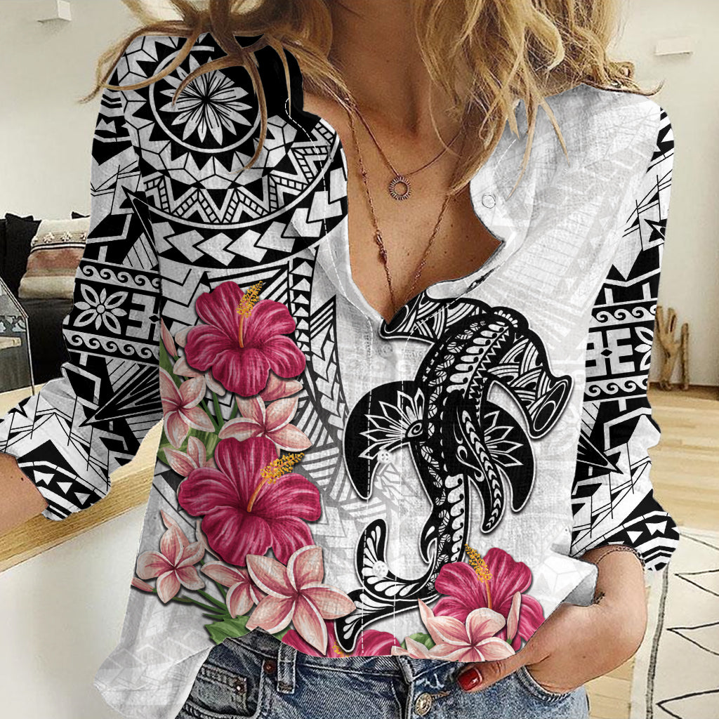 White Polynesian Hammerhead Shark Tribal Pattern Women Casual Shirt