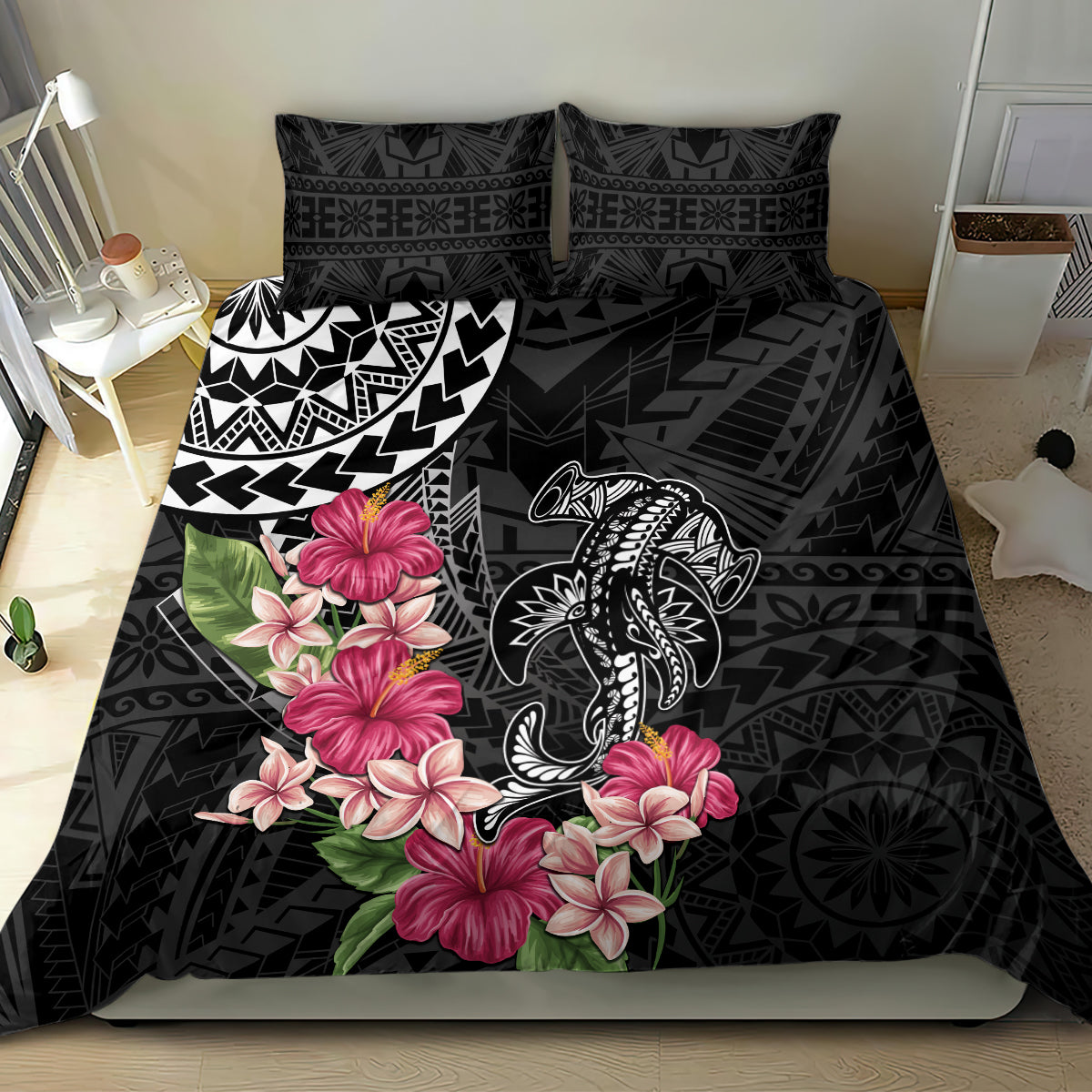 Black Polynesian Hammerhead Shark Tribal Pattern Bedding Set LT05 - Polynesian Pride