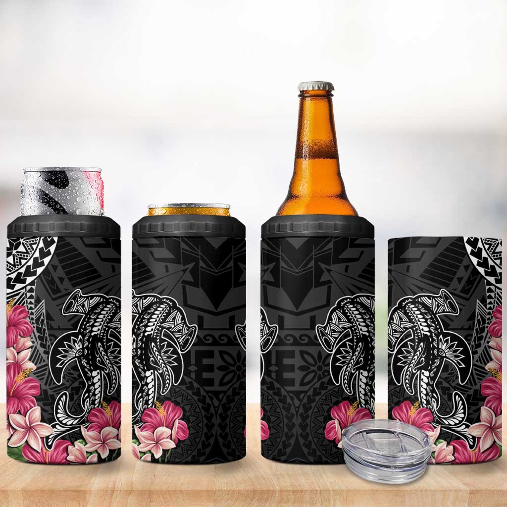 Black Polynesian Hammerhead Shark Tribal Pattern 4 in 1 Can Cooler Tumbler LT05 - Polynesian Pride