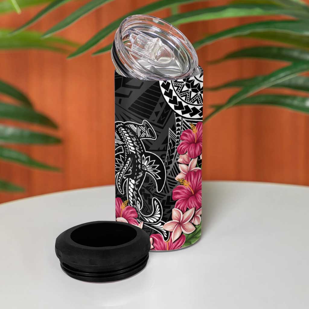 Black Polynesian Hammerhead Shark Tribal Pattern 4 in 1 Can Cooler Tumbler LT05 - Polynesian Pride