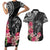 Black Polynesian Hammerhead Shark Tribal Pattern Couples Matching Short Sleeve Bodycon Dress and Hawaiian Shirt