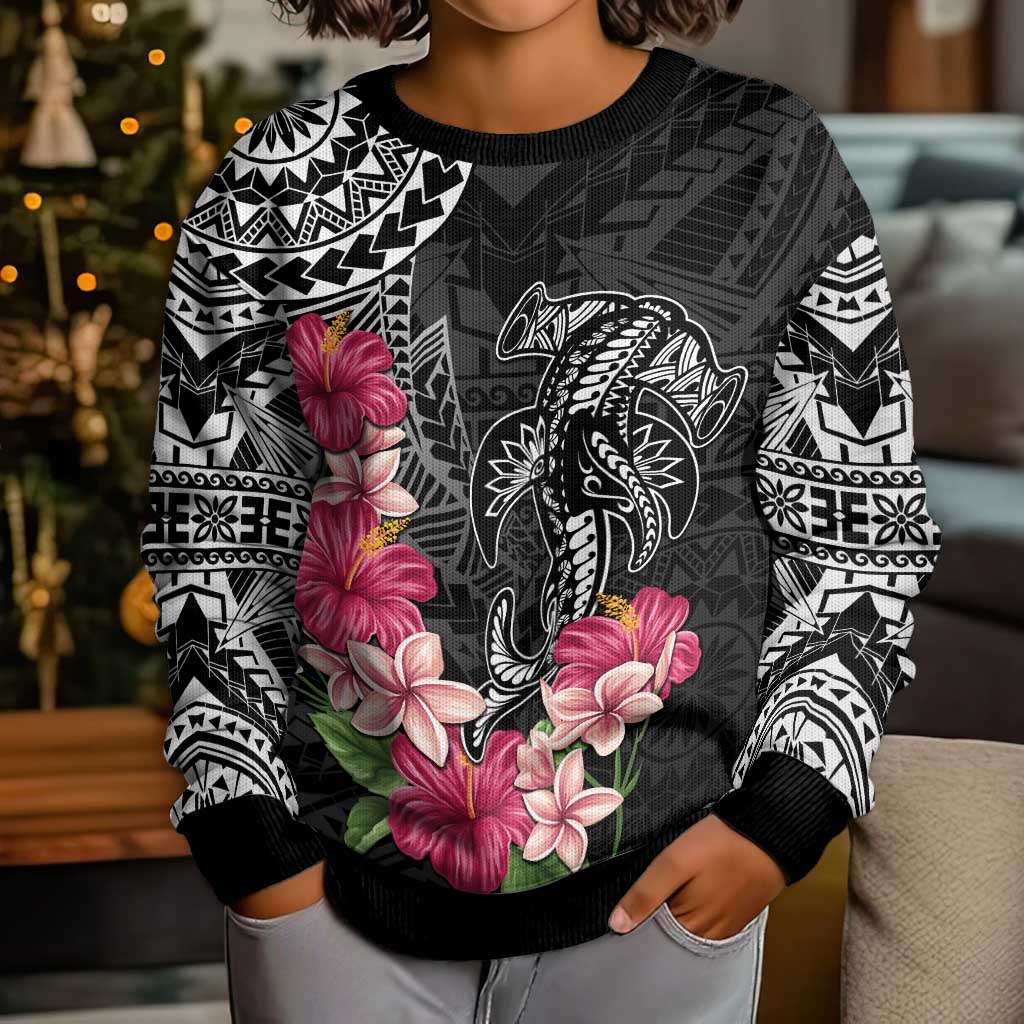 Black Polynesian Hammerhead Shark Tribal Pattern Kid Ugly Christmas Sweater LT05 - Polynesian Pride
