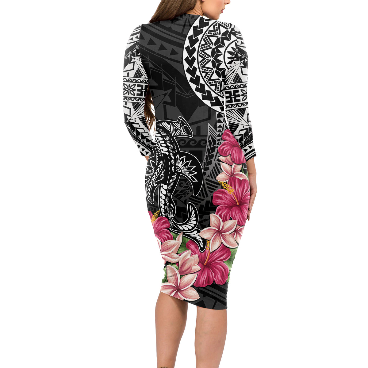 Black Polynesian Hammerhead Shark Tribal Pattern Long Sleeve Bodycon Dress LT05 - Polynesian Pride