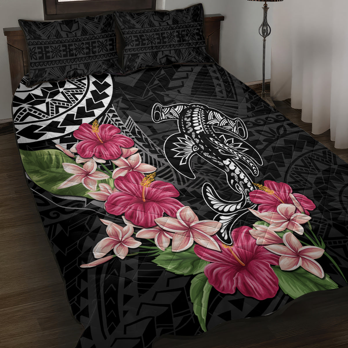 Black Polynesian Hammerhead Shark Tribal Pattern Quilt Bed Set LT05 Black - Polynesian Pride