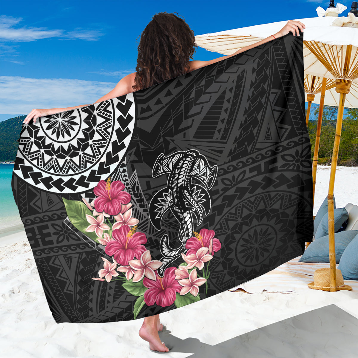 Black Polynesian Hammerhead Shark Tribal Pattern Sarong LT05 One Size 44 x 66 inches Black - Polynesian Pride