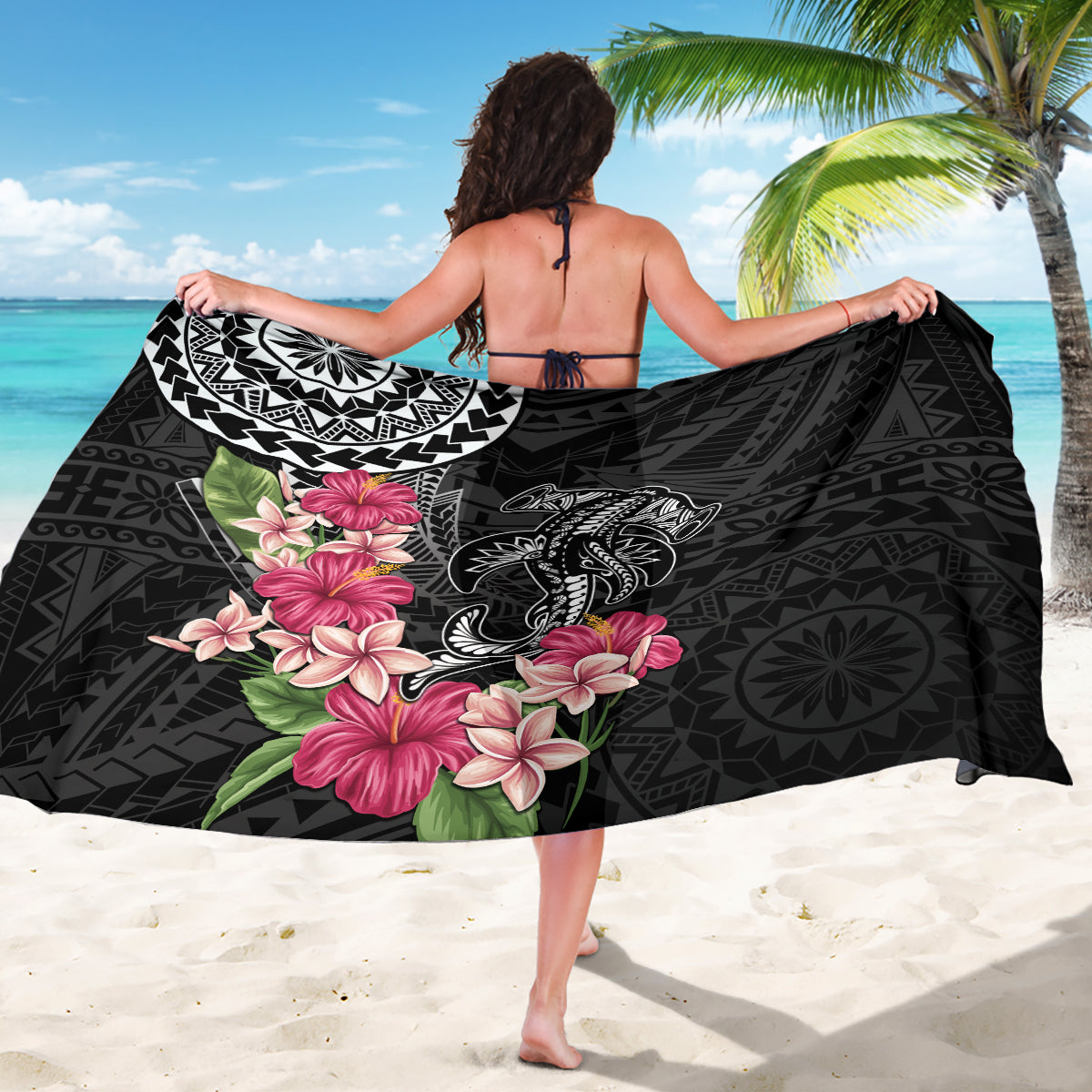 Black Polynesian Hammerhead Shark Tribal Pattern Sarong LT05 - Polynesian Pride