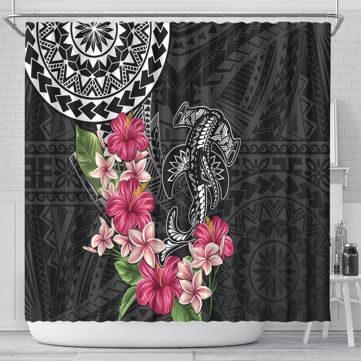 Black Polynesian Hammerhead Shark Tribal Pattern Shower Curtain LT05 - Polynesian Pride