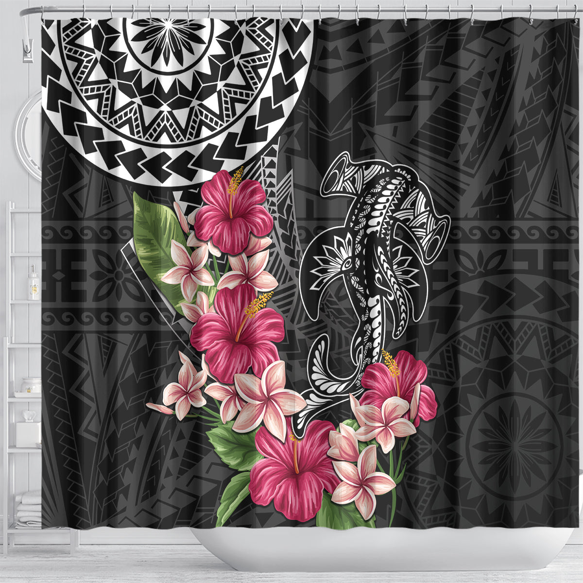 Black Polynesian Hammerhead Shark Tribal Pattern Shower Curtain LT05 - Polynesian Pride