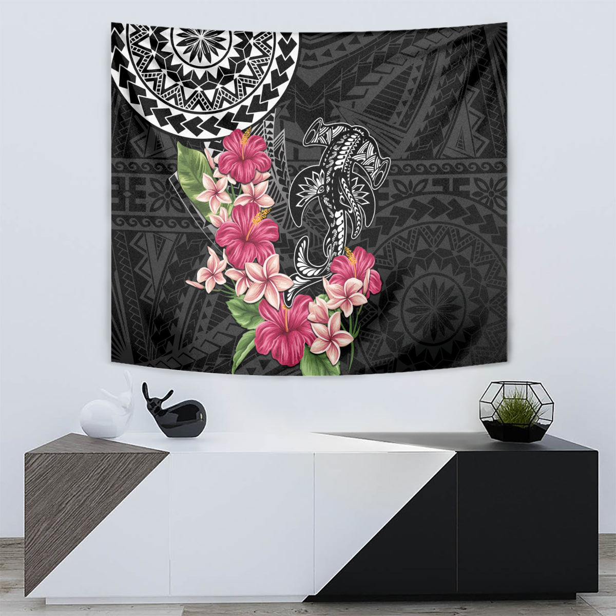 Black Polynesian Hammerhead Shark Tribal Pattern Tapestry LT05 - Polynesian Pride