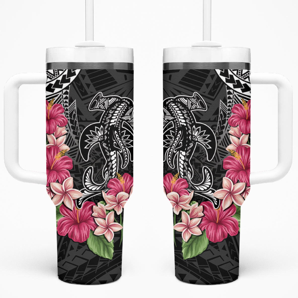 Black Polynesian Hammerhead Shark Tribal Pattern Tumbler With Handle LT05 One Size: 40 oz Black - Polynesian Pride