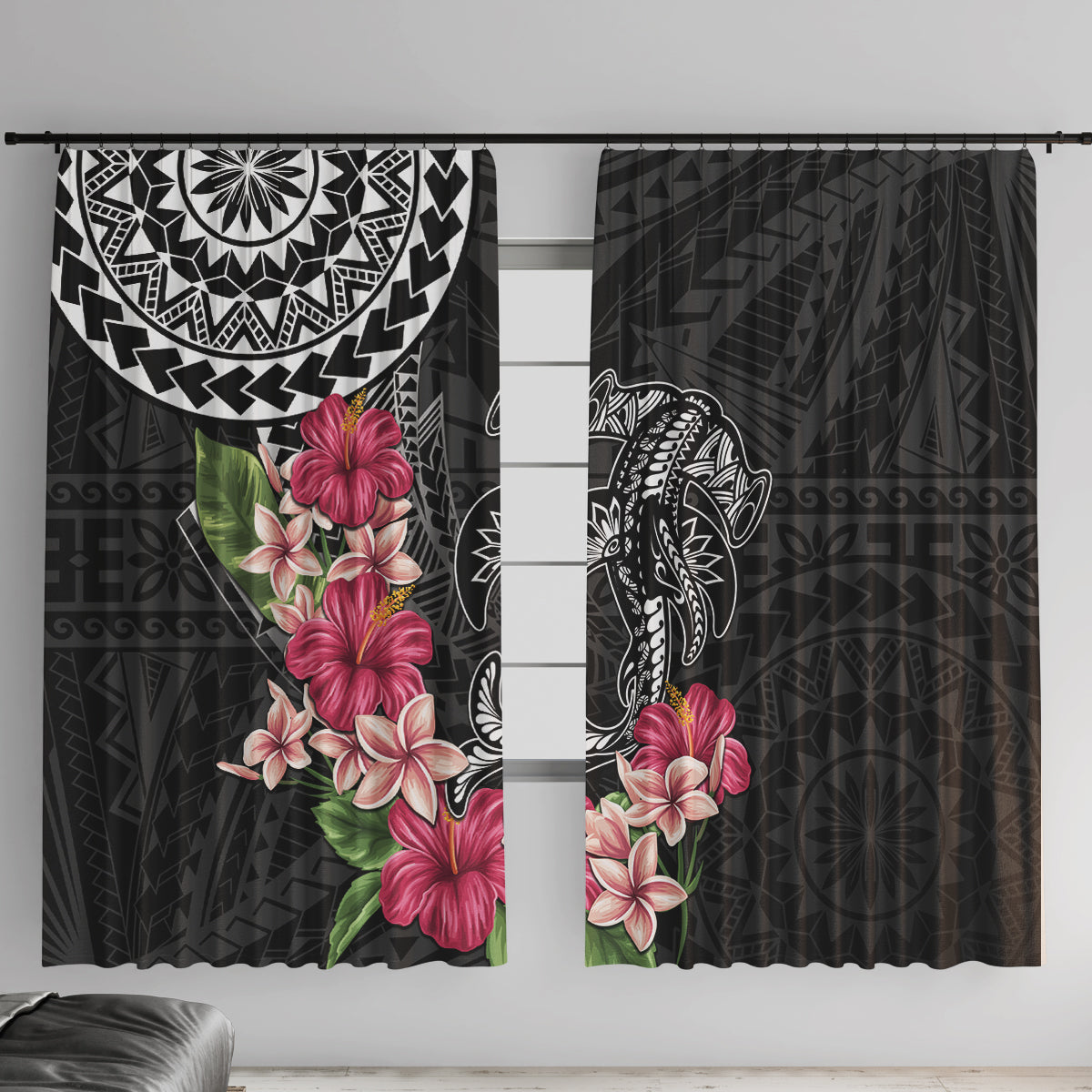 Black Polynesian Hammerhead Shark Tribal Pattern Window Curtain LT05 With Hooks Black - Polynesian Pride