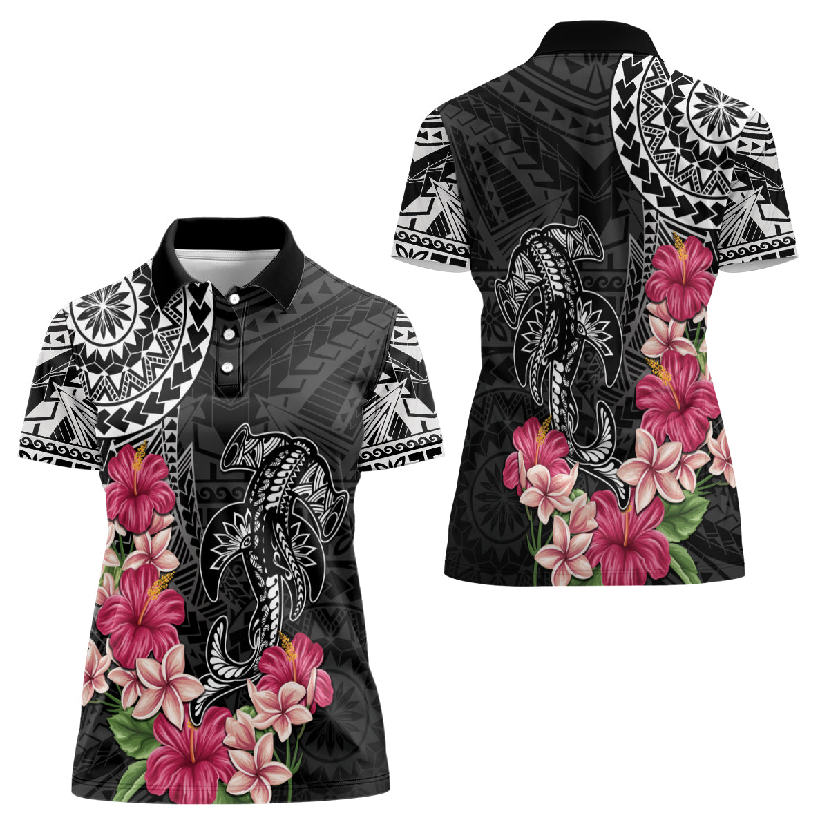 Black Polynesian Hammerhead Shark Tribal Pattern Women Polo Shirt LT05 - Polynesian Pride