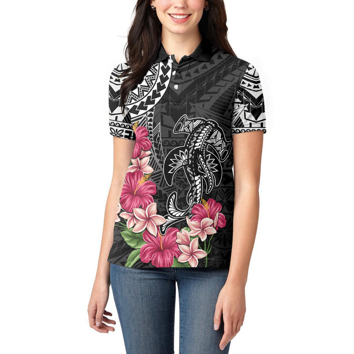 Black Polynesian Hammerhead Shark Tribal Pattern Women Polo Shirt LT05 - Polynesian Pride