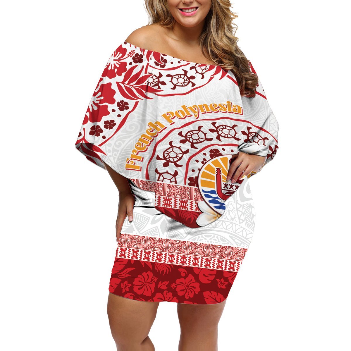 French Polynesia Internal Autonomy Day Off Shoulder Short Dress Tropical Hibiscus And Turtle Pattern LT05 Women Red - Polynesian Pride