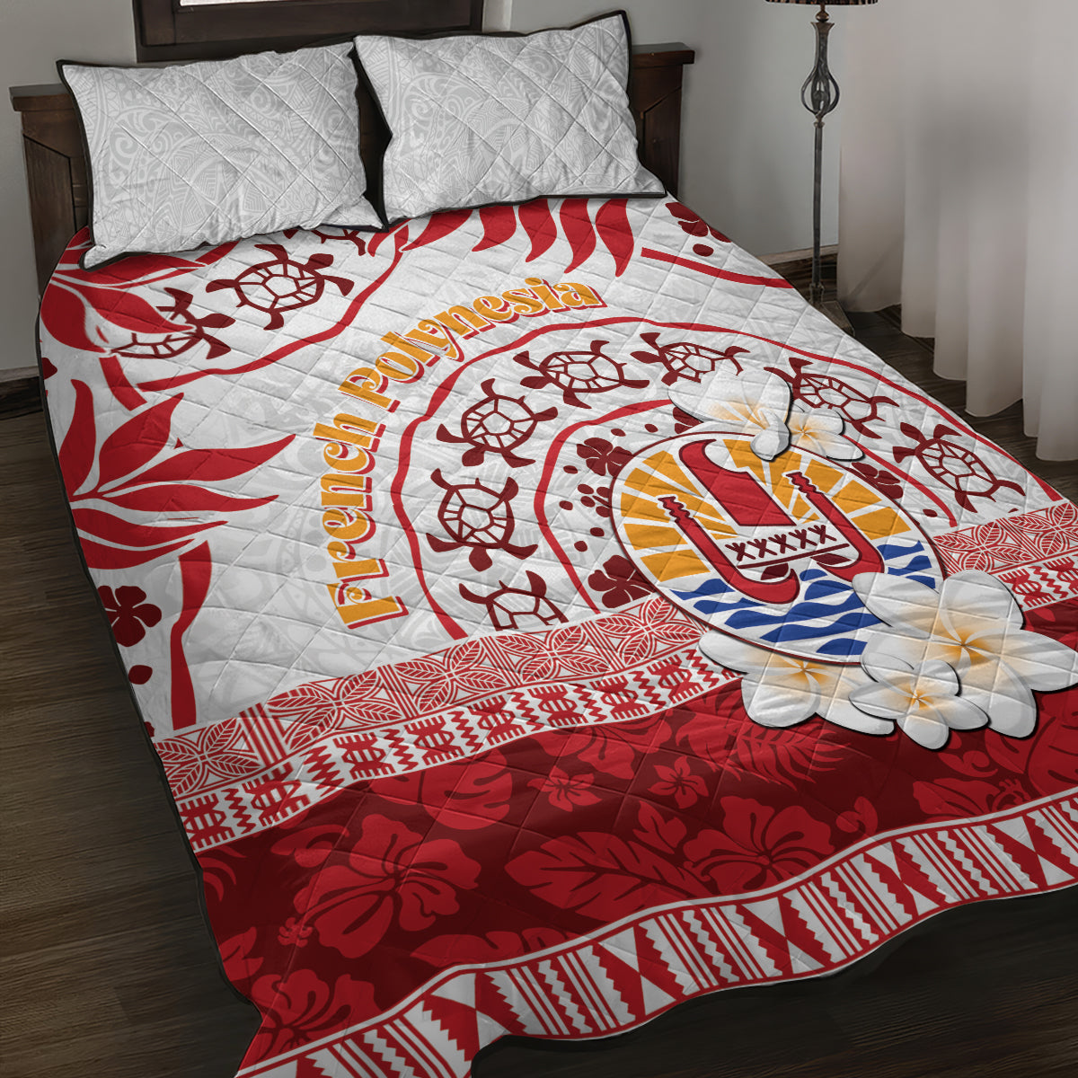 French Polynesia Internal Autonomy Day Quilt Bed Set Tropical Hibiscus And Turtle Pattern LT05 Red - Polynesian Pride