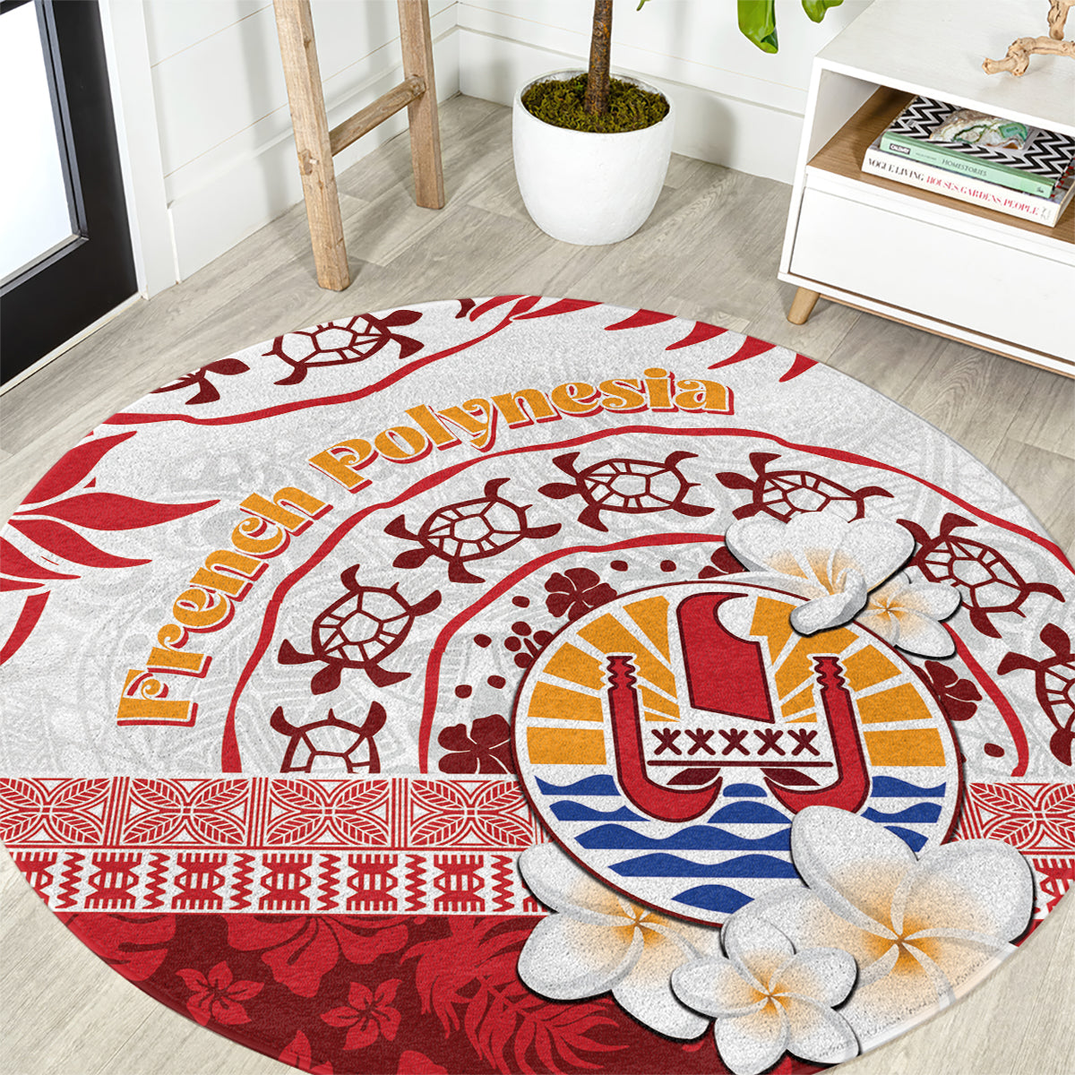 French Polynesia Internal Autonomy Day Round Carpet Tropical Hibiscus And Turtle Pattern LT05 Red - Polynesian Pride
