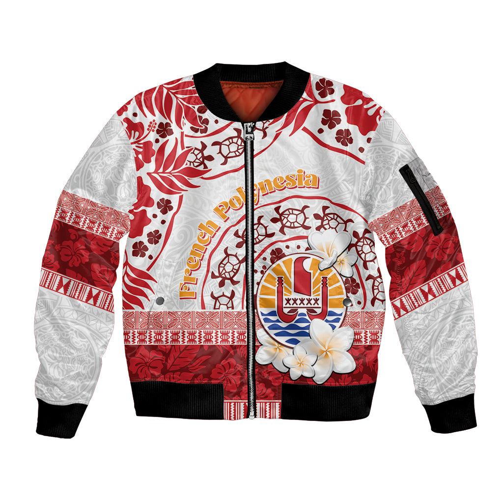 French Polynesia Internal Autonomy Day Sleeve Zip Bomber Jacket Tropical Hibiscus And Turtle Pattern LT05 Unisex Red - Polynesian Pride