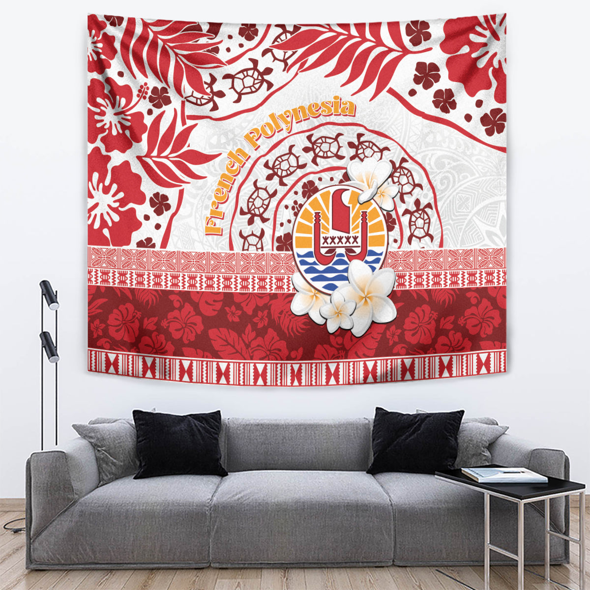French Polynesia Internal Autonomy Day Tapestry Tropical Hibiscus And Turtle Pattern LT05 Red - Polynesian Pride