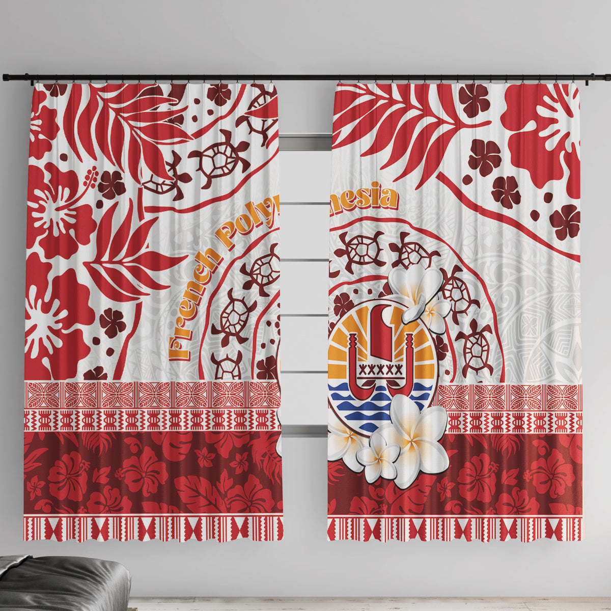 French Polynesia Internal Autonomy Day Window Curtain Tropical Hibiscus And Turtle Pattern LT05 With Hooks Red - Polynesian Pride