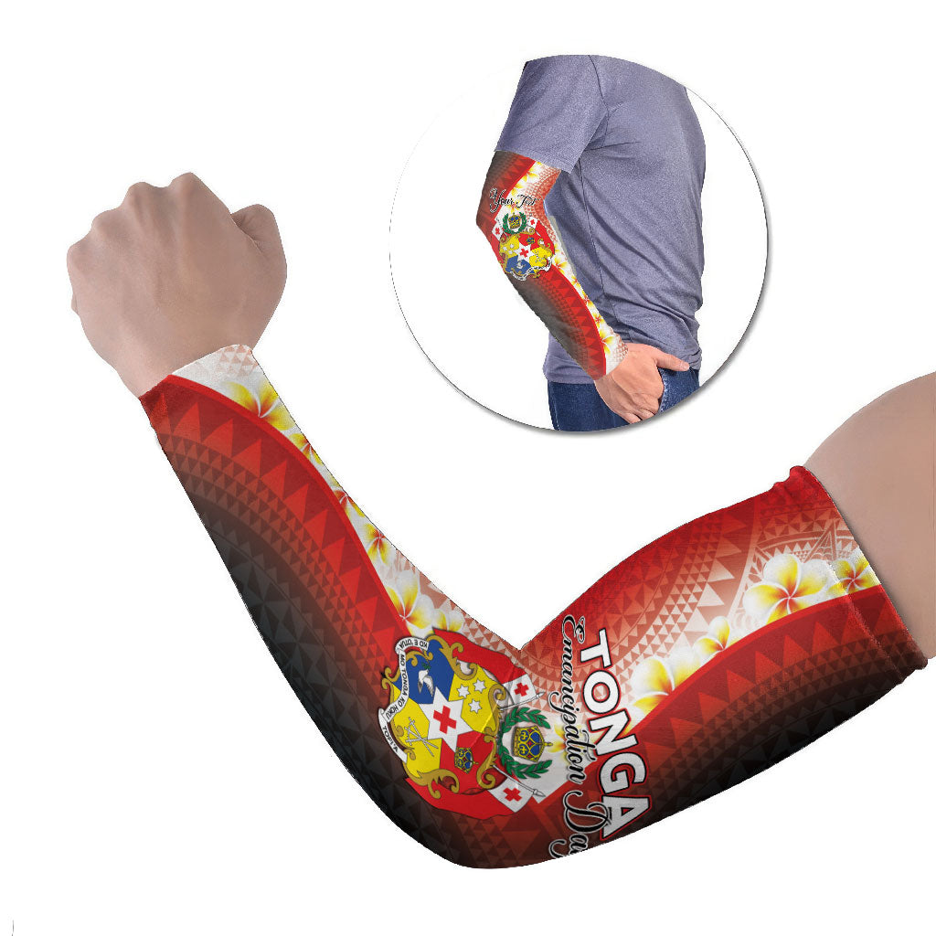 Personalised Tonga Emancipation Day Arm Sleeves Tongan Ngatu Pattern With Plumeria LT05 Set of 2 Red - Polynesian Pride