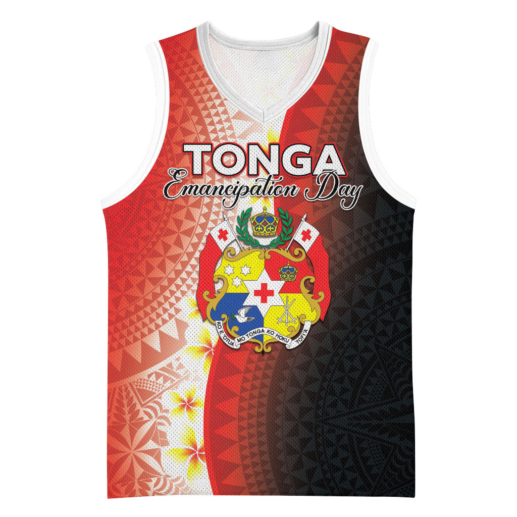Personalised Tonga Emancipation Day Basketball Jersey Tongan Ngatu Pattern With Plumeria LT05 Unisex Red - Polynesian Pride