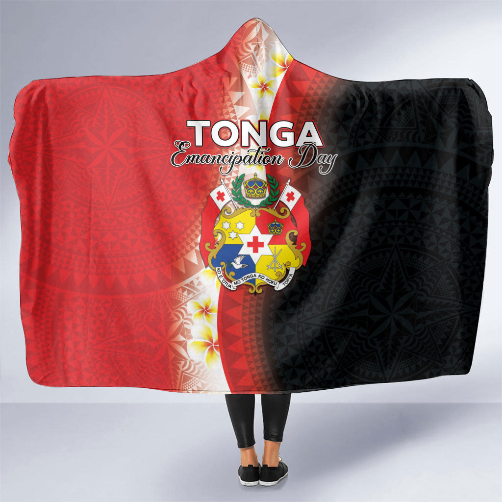 Tonga Emancipation Day Hooded Blanket Tongan Ngatu Pattern With Plumeria LT05 One Size Red - Polynesian Pride