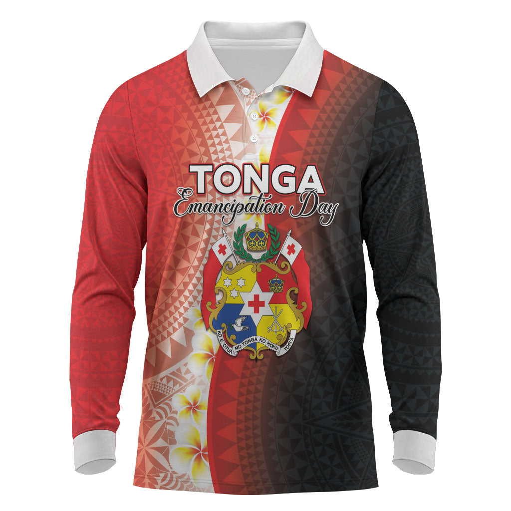Personalised Tonga Emancipation Day Long Sleeve Polo Shirt Tongan Ngatu Pattern With Plumeria LT05 Red - Polynesian Pride