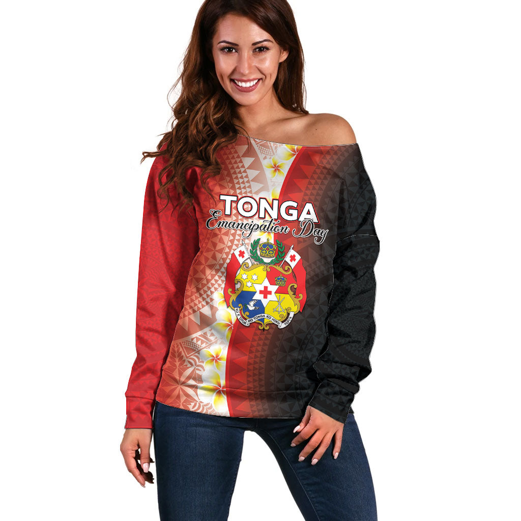 Personalised Tonga Emancipation Day Off Shoulder Sweater Tongan Ngatu Pattern With Plumeria LT05 Women Red - Polynesian Pride