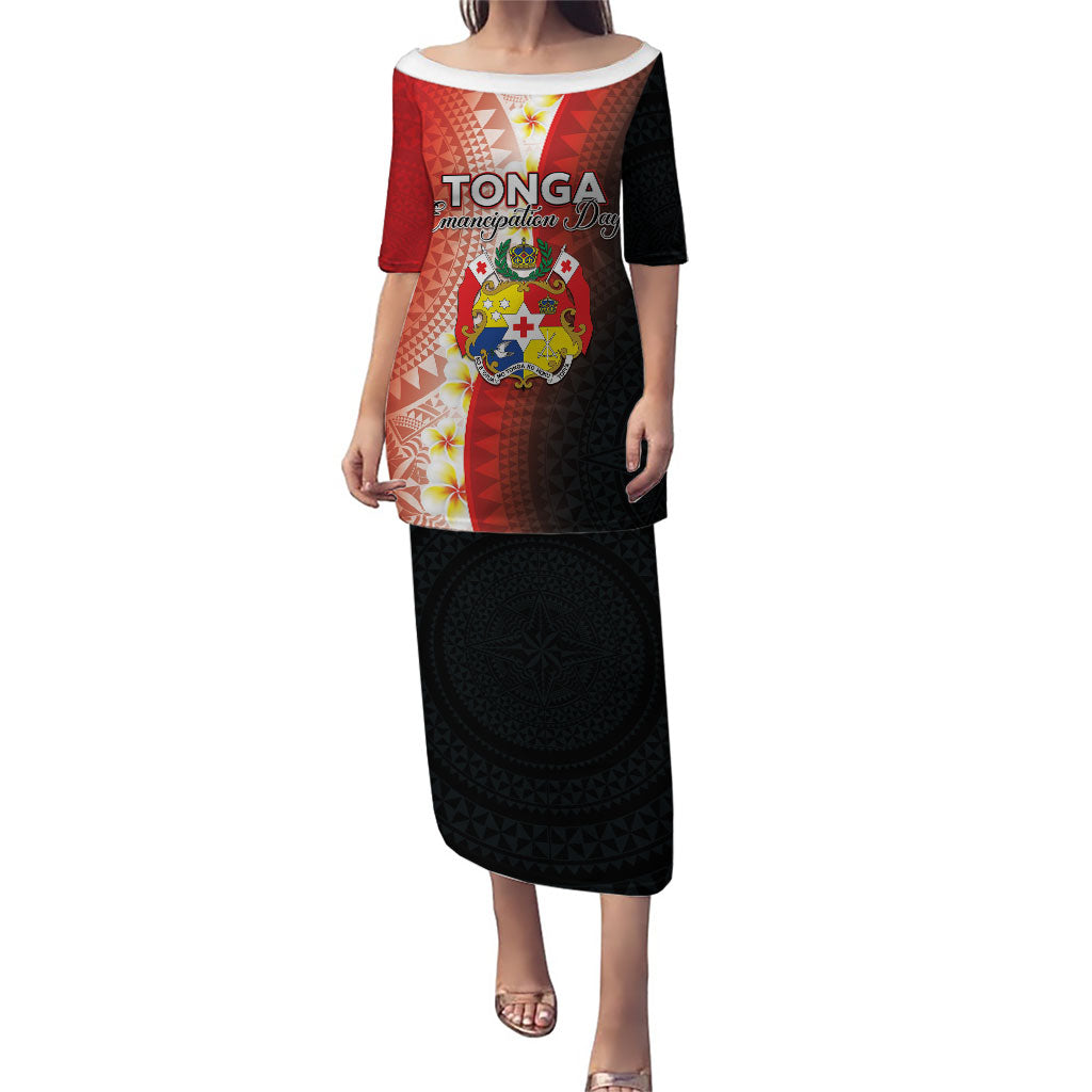 Personalised Tonga Emancipation Day Puletasi Tongan Ngatu Pattern With Plumeria LT05 Long Dress Red - Polynesian Pride