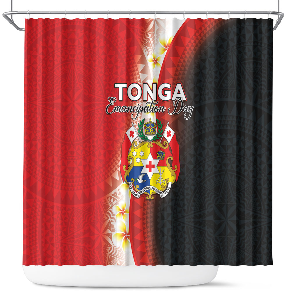 Tonga Emancipation Day Shower Curtain Tongan Ngatu Pattern With Plumeria LT05 Red - Polynesian Pride