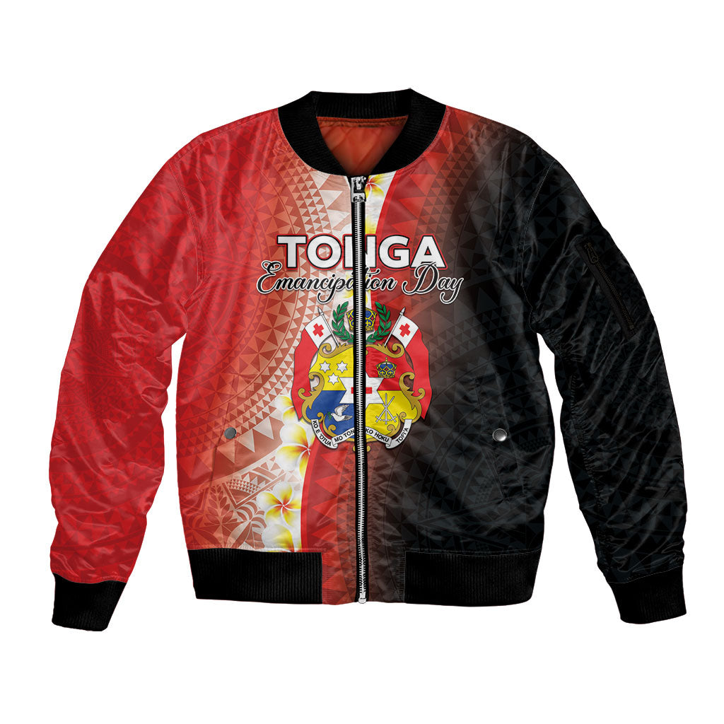 Personalised Tonga Emancipation Day Sleeve Zip Bomber Jacket Tongan Ngatu Pattern With Plumeria LT05 Unisex Red - Polynesian Pride