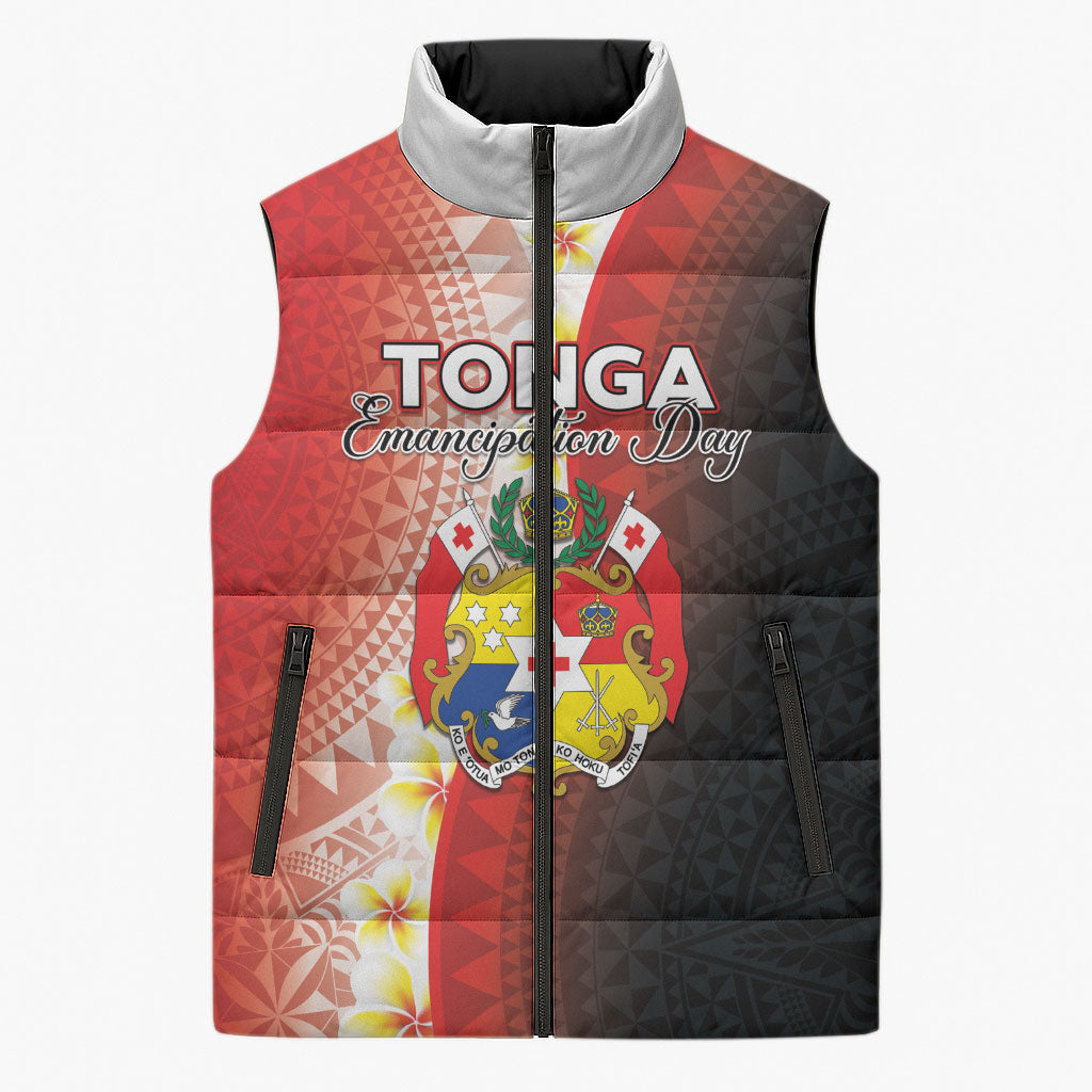 Personalised Tonga Emancipation Day Sleeveless Puffer Jacket Tongan Ngatu Pattern With Plumeria LT05 Unisex Red - Polynesian Pride
