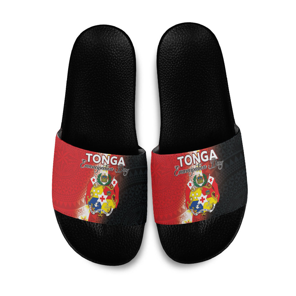 Tonga Emancipation Day Slide Sandals Tongan Ngatu Pattern With Plumeria LT05 Red - Polynesian Pride