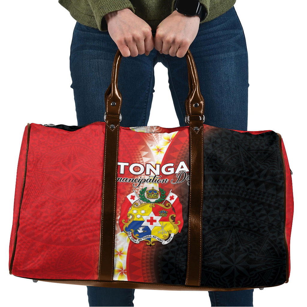 Tonga Emancipation Day Travel Bag Tongan Ngatu Pattern With Plumeria LT05 Red - Polynesian Pride