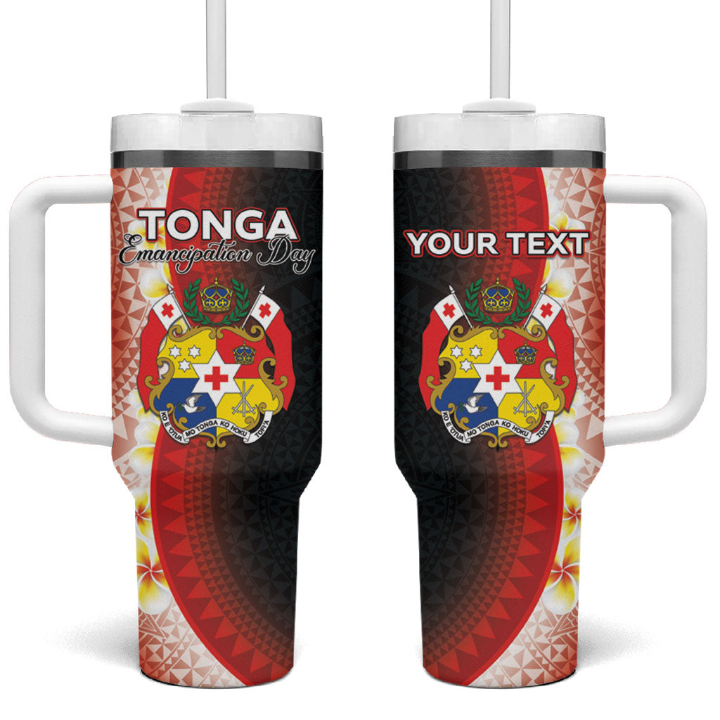Personalised Tonga Emancipation Day Tumbler With Handle Tongan Ngatu Pattern With Plumeria LT05 One Size: 40 oz Red - Polynesian Pride