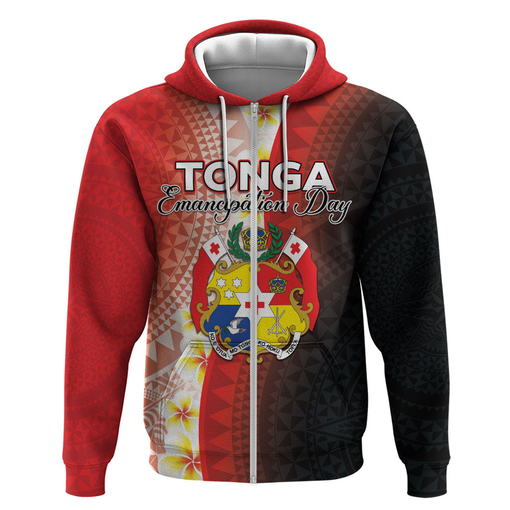 Personalised Tonga Emancipation Day Zip Hoodie Tongan Ngatu Pattern With Plumeria LT05 Zip Hoodie Red - Polynesian Pride