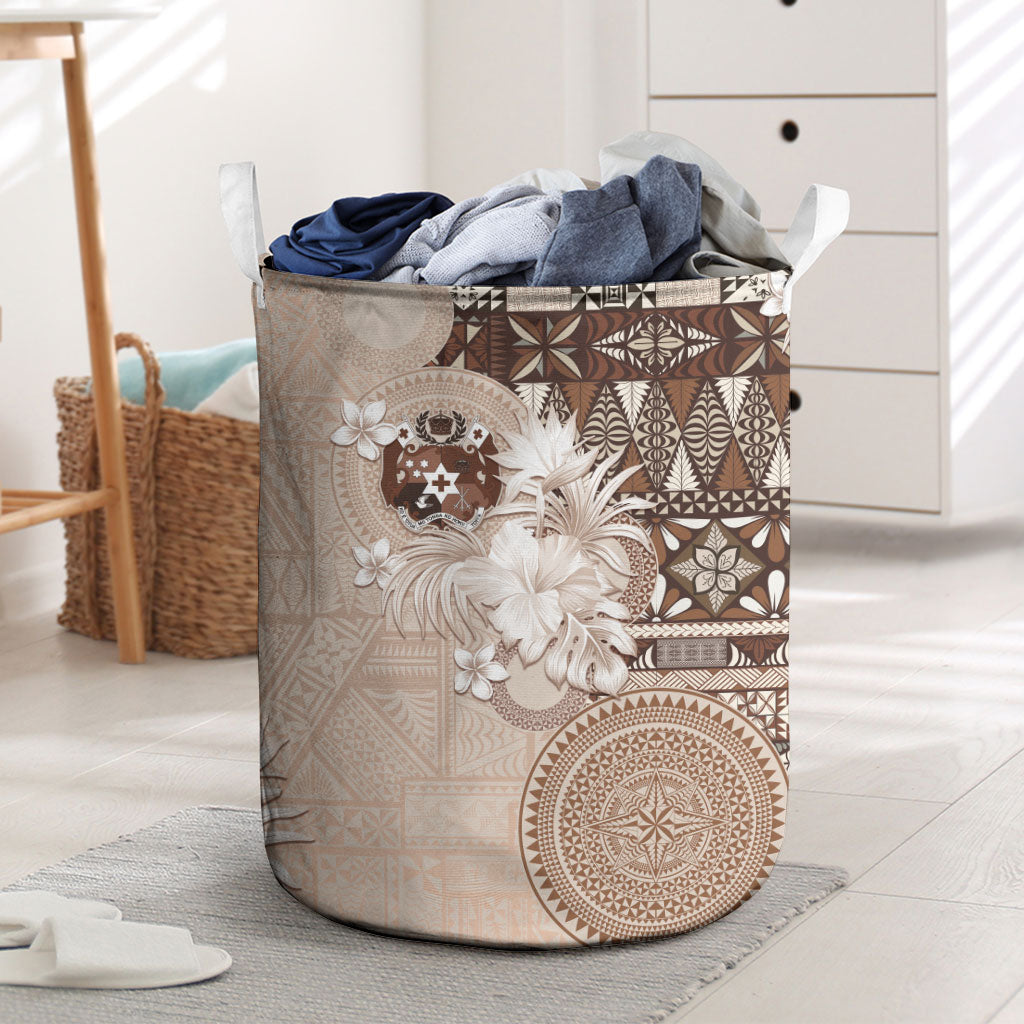 Tonga Ngatu Motifs Laundry Basket With Coat Of Arms Beige LT05 Beige - Polynesian Pride