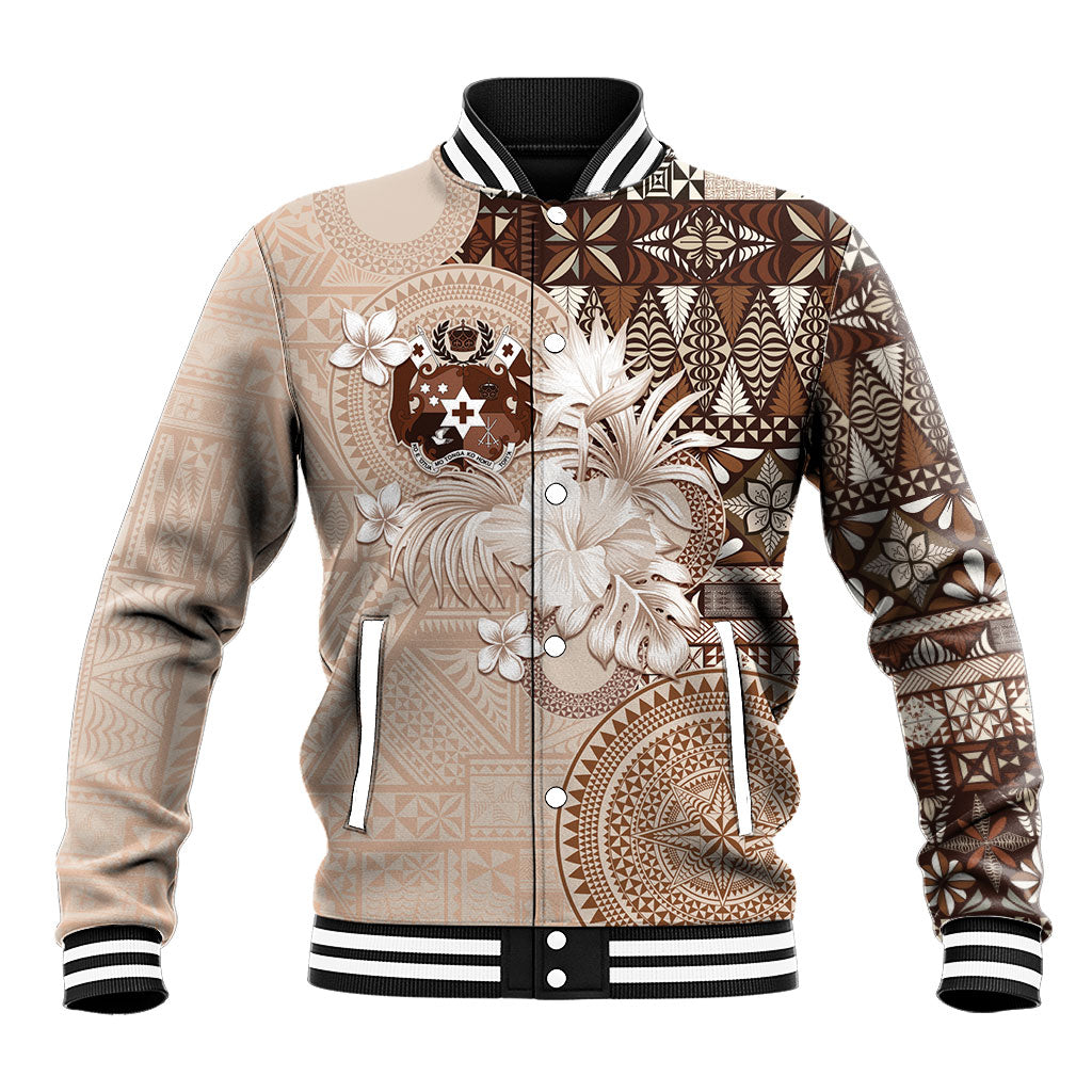 Tonga Ngatu Motifs Baseball Jacket With Coat Of Arms Beige LT05 Unisex Beige - Polynesian Pride