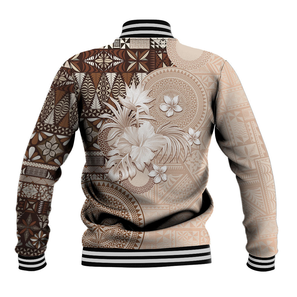Tonga Ngatu Motifs Baseball Jacket With Coat Of Arms Beige LT05 - Polynesian Pride