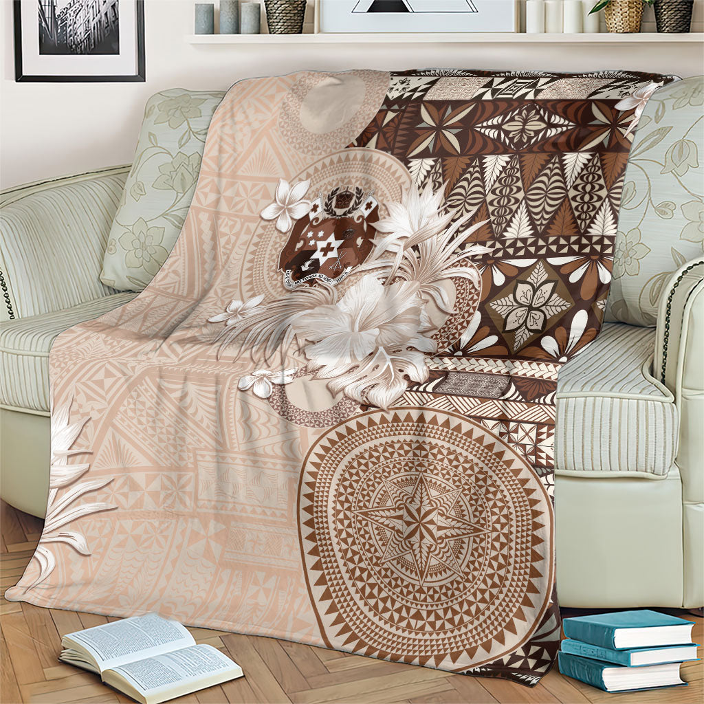 Tonga Ngatu Motifs Blanket With Coat Of Arms Beige LT05 - Polynesian Pride