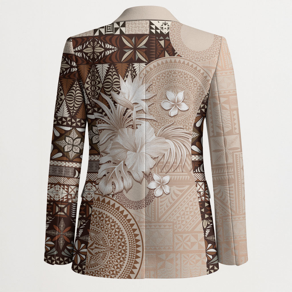 Tonga Ngatu Motifs Blazer With Coat Of Arms Beige LT05 - Polynesian Pride